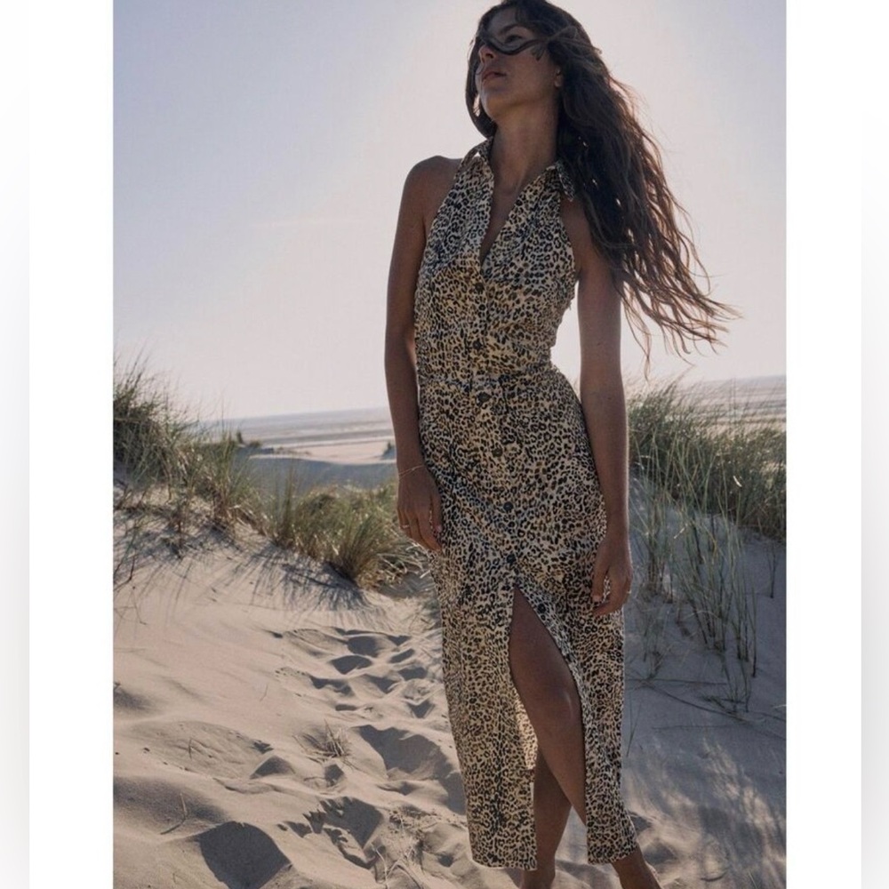 Zara Leopard Print Halter Midi Dress - Beige & Black